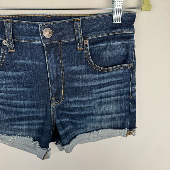 American Eagle Blue Dark Stone Wash Stretch Hi-Rise Cuffed Jean Shorts Sz 8 - Picture 3 of 11
